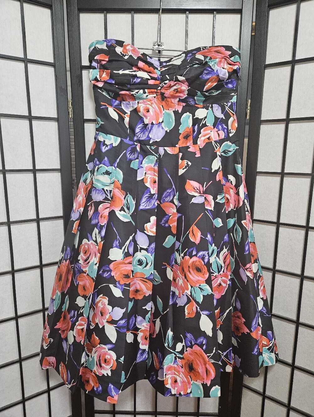 Women's Express Vintage 100% Silk Strapless Floral Cocktail Dress Size 8